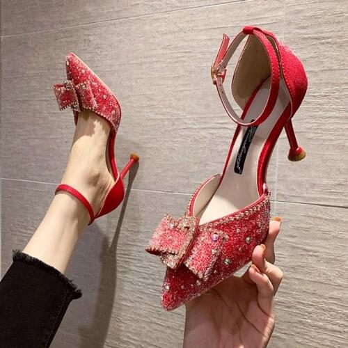 2021 Fashion Bow Ankle Strap Thin Heels Shoes for Wedding Women Luxury Rhinestones Party Dress Pumps Woman Pointed Toe Shoes