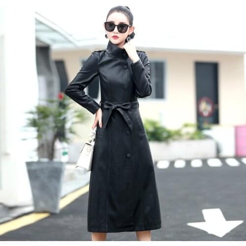 2021 Fashion Spring New Lady Trench Coat Women Long Leather Jackets Slim Outwear Roupas De Couro Femininos Plus Size Windbreaker