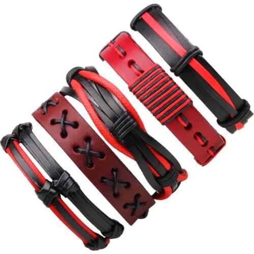 5-6PCS/Set wholesale Boho casual Hippie Punk Charm Black dark brown Leather Cord Wrap multi Layers Bracelets bangles Set Unisex