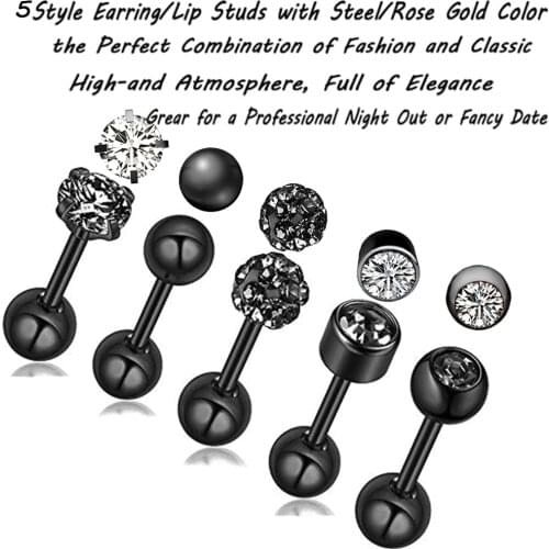 5pcs 2G Cartilage Studs Earrings Lip Piercing 10 Styles 3 Colors CZ Screw Back Tragus Helix Earring Piercing Jewelry Oreja