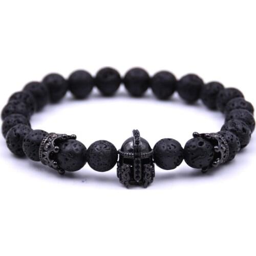 Natural Lava Stone Spartan Helmet and Crown Mens Bracelet Pairing Bracelet Women Mens Jewelry Pulseras