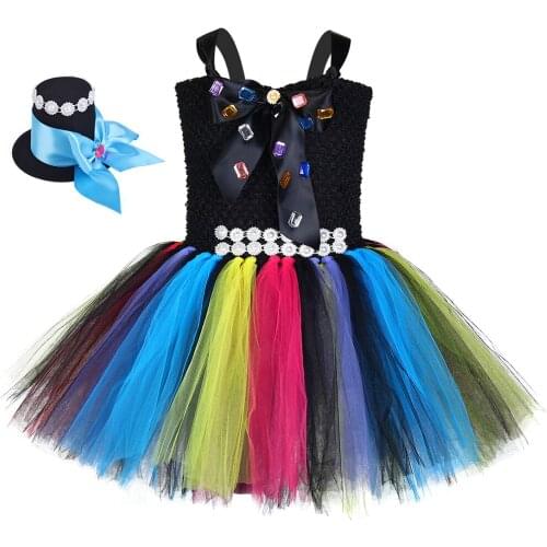 Children Girl Sparkly Hatter Tutu Dress Carnival Halloween Colorful Hatter Role Play Birthday Party Costume Outfit For Halloween