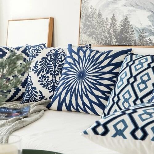 Home Decor Emboridered Cushion Cover Navy Blue Geometric Canvas Cotton Suqare Embroidery Pillow Cover 45x45cm