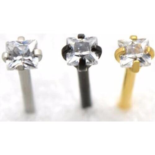 2Piece 20Gx6x2mm free shipping nostril Square Zircon crystal nose stud Rings nose ring Tragus Helix body piercing jewelry