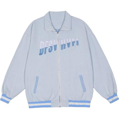 LACIBLE Zipper Jacket Denim Men Baseball Jacket Coat Men Harajuku Streetwear Letter Embroidery Unisex Varsity Jacket Outwear