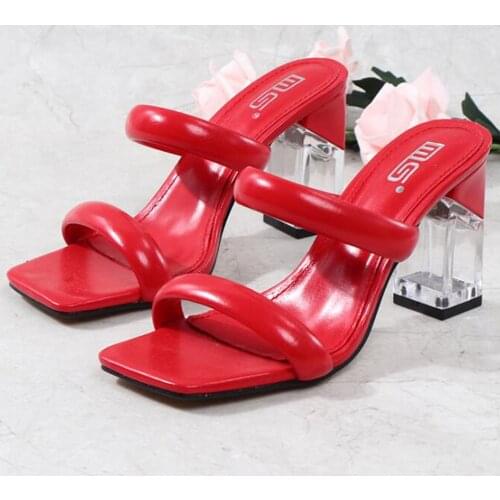 Fashion Square Toe Transparent High Heels Shoes Women Slippers Leather Luxury Designer Ladies Street Beach Sandals Slides qq637