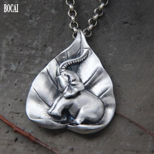 New real solid S990 Full Silver Pendant for Men Vintage Thai Silver Elephant Pendant Literary Leaves Jewelry Female Pendant