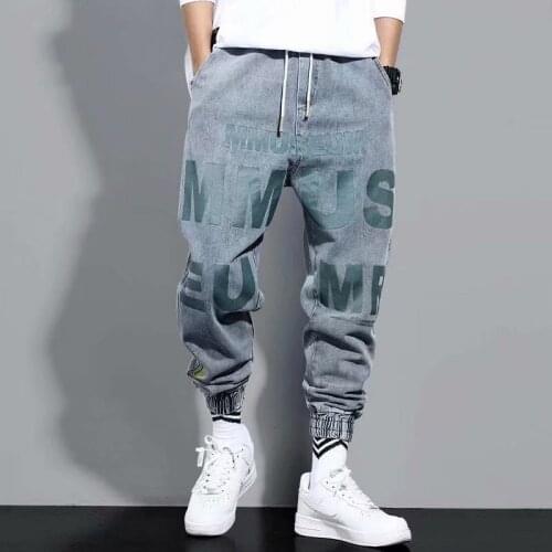 Mens Cropped trousers jeans trend printing casual jeans Men clothing jeans goth Splicing Harajuku style ins Trousers