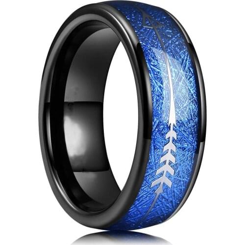 316L Stainless Steel Mens Ring Blue Silk Arrow Male Wedding Band Engagement Ring Lovers Jewelry Valentines Day Gifts