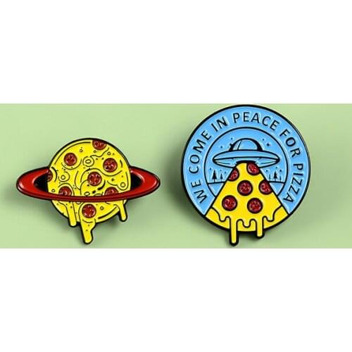 New Product Cartoon Creative Round UFO Shape Pizza Planet Food Shape Metal Brooch Trend Fashion Decoration Pin