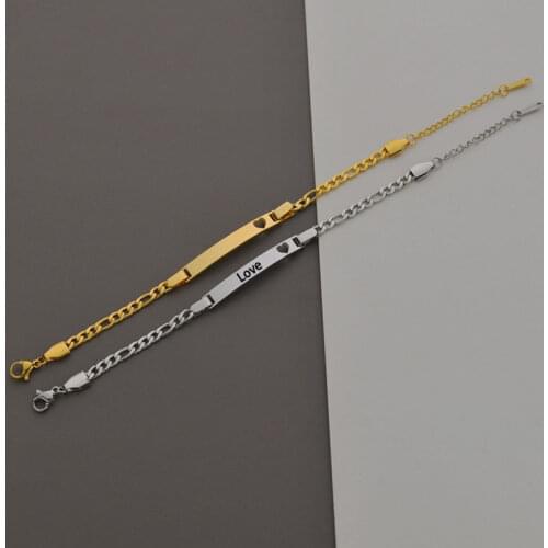 Personalized Customized Engraved Words Hollow Heart Bar Stainless Steel Bracelets For Women Men Name Date Engraved Couple Gifts
