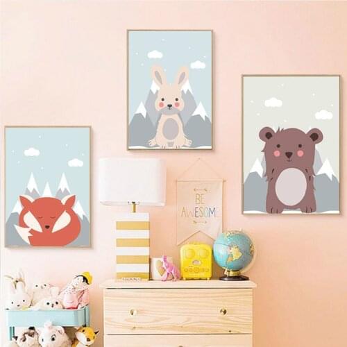 Cartoon Animal Rabbit Fox Bear Poster Childrens living room bedroom frameless decorative painting CPR4083