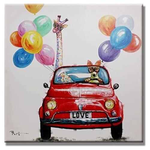 Hand Painted Acrylic cartoon Oil Paintings Happy giraffe in the car painting Modern Animal Wall Art for Kids Room Decoration