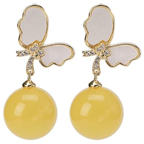 S925 sterling silver gold-plated natural amber beeswax stud earrings Elegant Butterfly round beads earring pendant for ladies