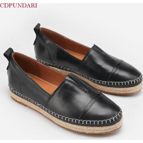 Luxury Fashion Black Genuine Leather Loafers Flat Platform Shoes Women Spring Summer Casual Flats Ladies Popular