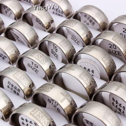 Yingwu 10pcs/lot Religious Christian Jesus Cross Ring Stainless Steel God Band Rings For Men Women Party Gift Anillo Anneaux