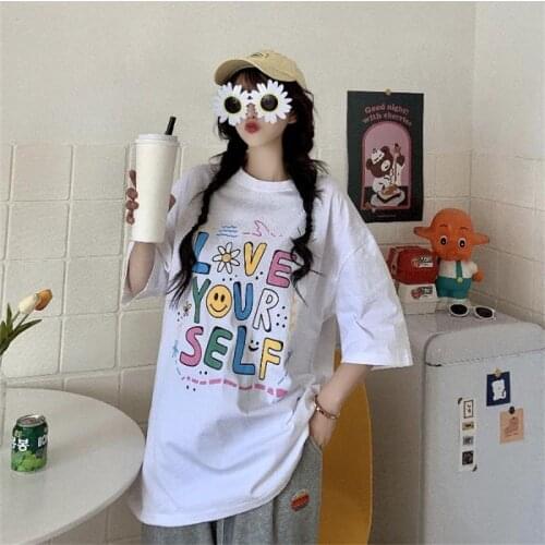 Female Korean Harajuku Loose Ins Retro Letter Tshirt Womens T-shirts Tops Japanese Kawaii Ladies Ulzzang Clothes For Women