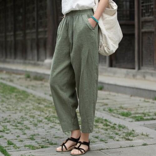 Johnature Women Pencil Pants Cotton Linen Solid Color Elastic Waist Trouser 2021 Spring New Vintage Chinese Style Female Pants