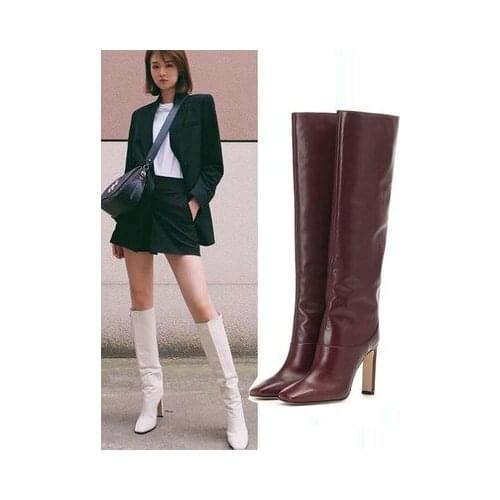 New Brown Leather Cowboy Knight Boots Square Toe High Heels Knee High Boots Autumn Winter Woman Botas Mujer Runway shoes