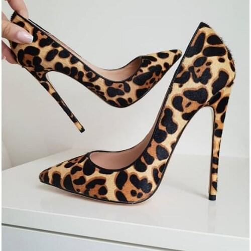 Moraima Snc Hot Selling Leopard Printed High Heel Shoes Sexy Pointed Toe Thin Heels Woman Pumps Shallow Stiletto Heels 12CM