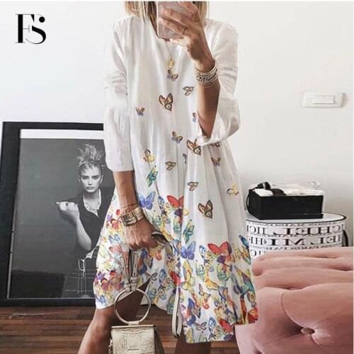 Plus Size Casual O Neck Butterfly Print Women Dress Half Sleeve Maple Leaf Print Loose Vintage Dress Mid Waist Irregular Dress
