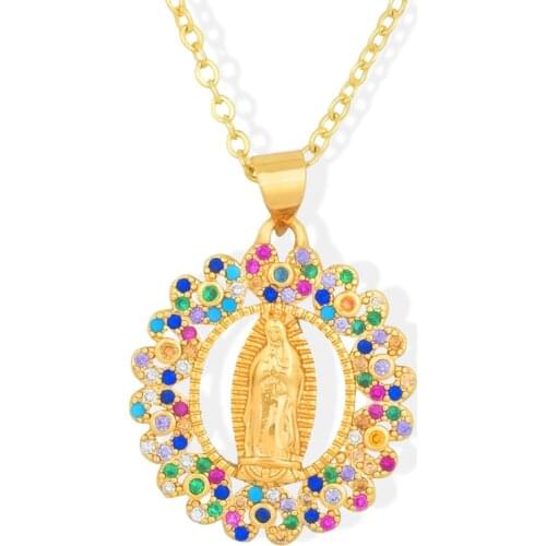 Cubic Zirconia Virgin Mary Pendant Necklace for Women Religious Jewelry Gift Shiny CZ Crystal Rainbow Necklace Virgen Maria