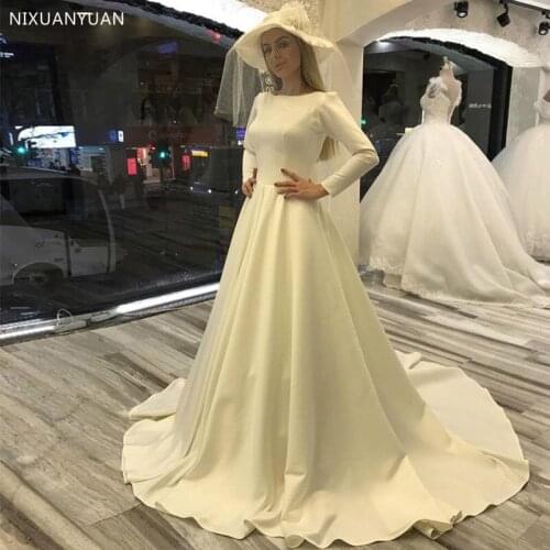 Wedding Dresses with Long Sleeves White Ivory Satin Bridal Gowns A-line Chapel Train Vestido De Novia 2021