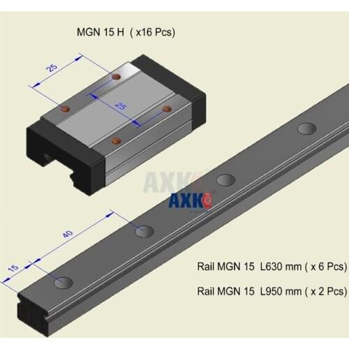 AXK MGN15 Linear Rail 15mm (6pcs Mgn15 L=630mm+Mgn15H 12pcs )+(2pcs Mgn15 L= 950mm + Mgn15H 4pcs) total 8 pcs rail 16pcs guide