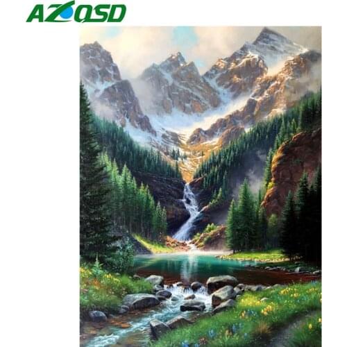 AZQSD Full Square Diamond Embroidery Mountain Waterfall Mosaic Handmade Gift Diamond Painting Landscape Cross Stitch Home Decor