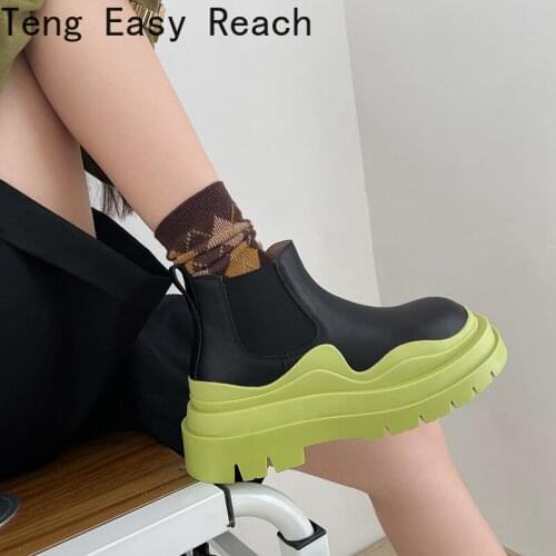 Black White Platform Women Shoes Genuine Leather Mixed Colors Ankle Boots Fashion Slip on Square Low Heel Autumn Winter Boots