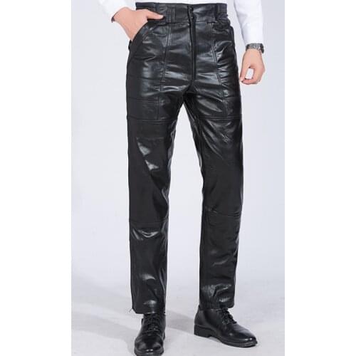Male Genuine Leather Pants Plus Size Straight Pants Men Real Sheepskin Pants Mens Casual Full Length Pants Trousers Oversized