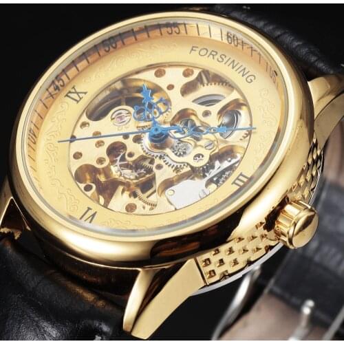 New Forsining Leather Relogio Masculinos Top Brand Watches Men Luxury Brand Automatic Mens Wristwatch Gold Skeleton Watch