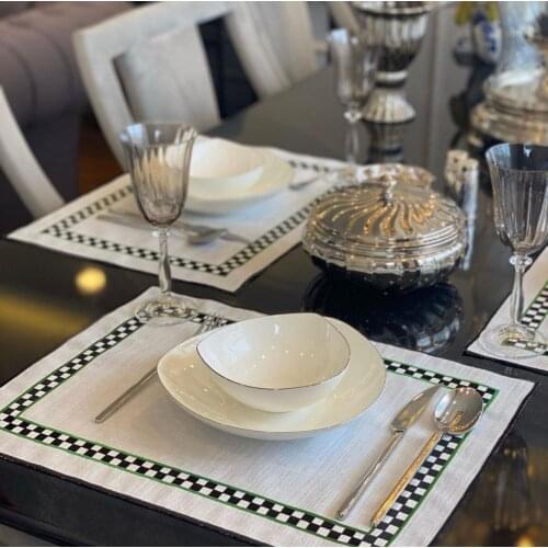 Black White Checkered Embroidered 100% Pure Linen Border Set of 6-12 Placemats, European Flax Natural Fabric wedding decoration