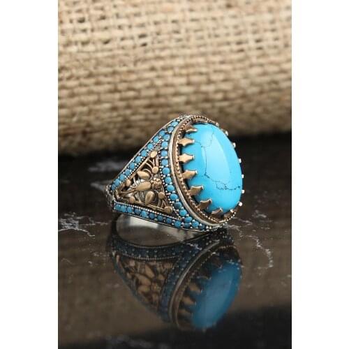925 Sterling Silver Ring for Men Turquoise Stone, Jewelry Fashion Vintage Gift Onyx Aqeq Mens Rings All Size