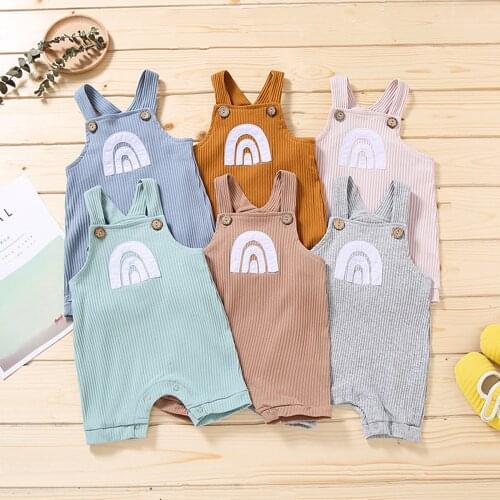 Toddler Baby Girl Boy Rompers Fashion Printing Ribbed Rainbow Romper Overalls Suspender Trousers Jumpsuit Unisex Baby Clothing