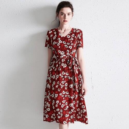 Red Chiffon Little Floral Silk Crepe Dresses Women 2021 Summer Long Casual Sexy Office Work Daily Dress Plus Size Slim A Line