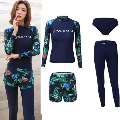 Korean Tankinset 4 Pieces Girls Bathing Suit Sport Rash Guard Tops Bottom Long Sleeve Zip-up UV Sun Protection Swim Surfsuit