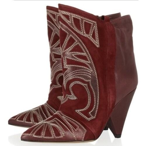 Hot Selling Classic Style Ankle Leather Wedged Boots Vintage Totem Pointed Toe Slip-On Hoof Heels Amazing Fashion Newest boots