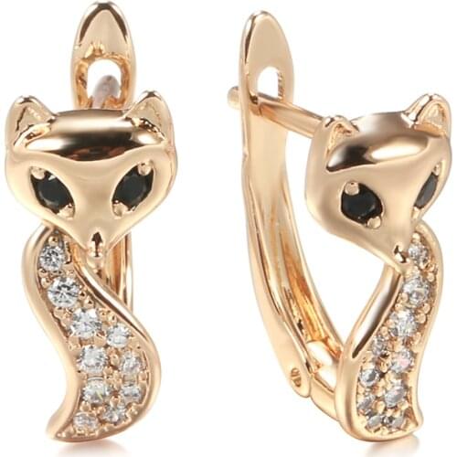 Kinel Fashion 585 Rose Gold Cute Fox Earrings Black Natural Zircon Unique Earrings Vintage Jewelry