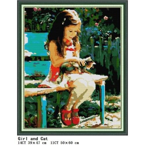 Little girl and cat 14CT cross stitch kit embroidery kit DMC 14CT 11CT count printed on canvas DIY handmade needlework fabric