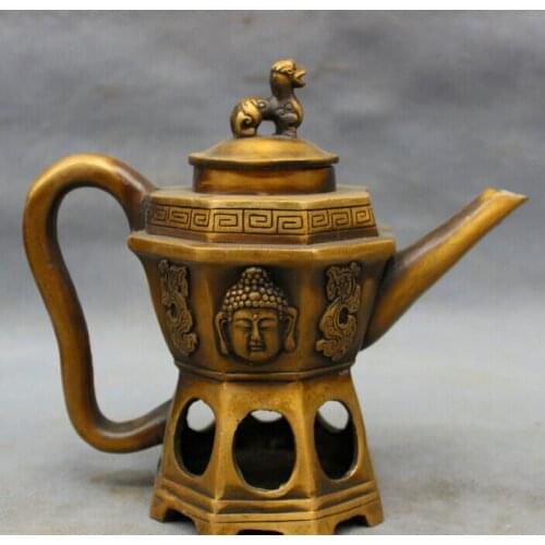 Song voge gem S2838 Chinese Bronze Shakyamuni Buddha Head Foo Fu Dog Lion Statue Wine Pot Teapot