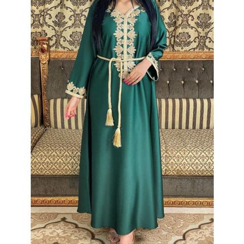 Women Dubai Jalabiya Long Dress Loose Applique Full Sleeves Islamic Arab Muslim Pakistan Abaya Gown Morocco Ramadan Eid Party
