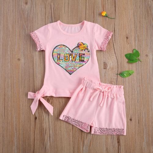 2 Pcs Girls Casual Suit Round Neck Short Sleeve Sequins Heart Print T-shirt Solid Elastic Shorts Daily Life New Style 2021