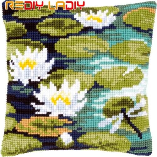 DIY Cross Stitch Cushion Summer Lotus Needlepoint Kits Pre-Printed Canvas Thick Yarn Cross-stitch Pillow Case Arts and Crafts