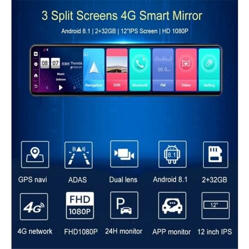 12 Inch 4G Car DVR Android 8.1 4G+32G Car Streaming Media Rearview Mirror Dual FHD1080P Camera ADAS WIFI GPS Navigation Dash Cam