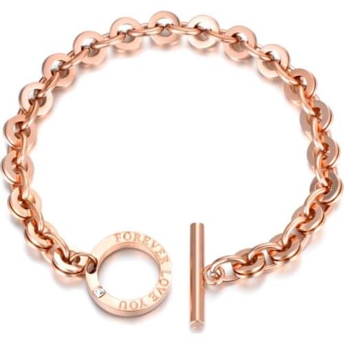 Trendy Rose Gold Charm Bracelet For Women Inlaid Zircon Forever Love You Chain & Link Bracelets Toggle Clasp B17068