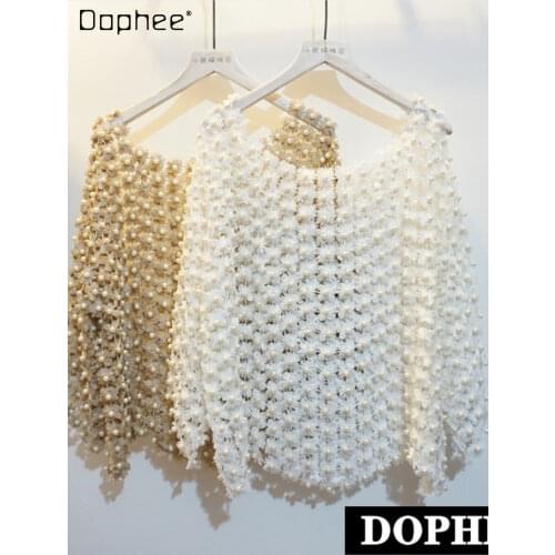Women Luxury Pearl Bead Blouse Gold Lurex Floral Lace Hollow Out Cute Shirt Ladys Elegant Blusa Loose Pullover Femme