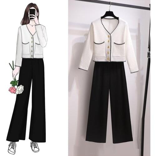 Comelsexy Women Knitted Sets 2021 New Spring Autumn Two Pieces Set V-Neck Cardigan Tops+Elastic Ankle-Length Wide Leg Pants