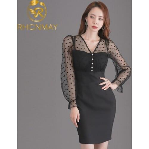 2020 Autumn Korean Women New Sexy Perspective wave point Mesh Splicing Sleeve V-neck Slim Package hip dress