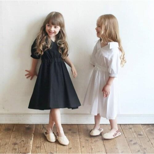 2020 New Summer Princess GIrl Dress V-neck Half-sleeve Kids Shirt Dress Girls Cotton Dress Children Midi Dress 2-16 years